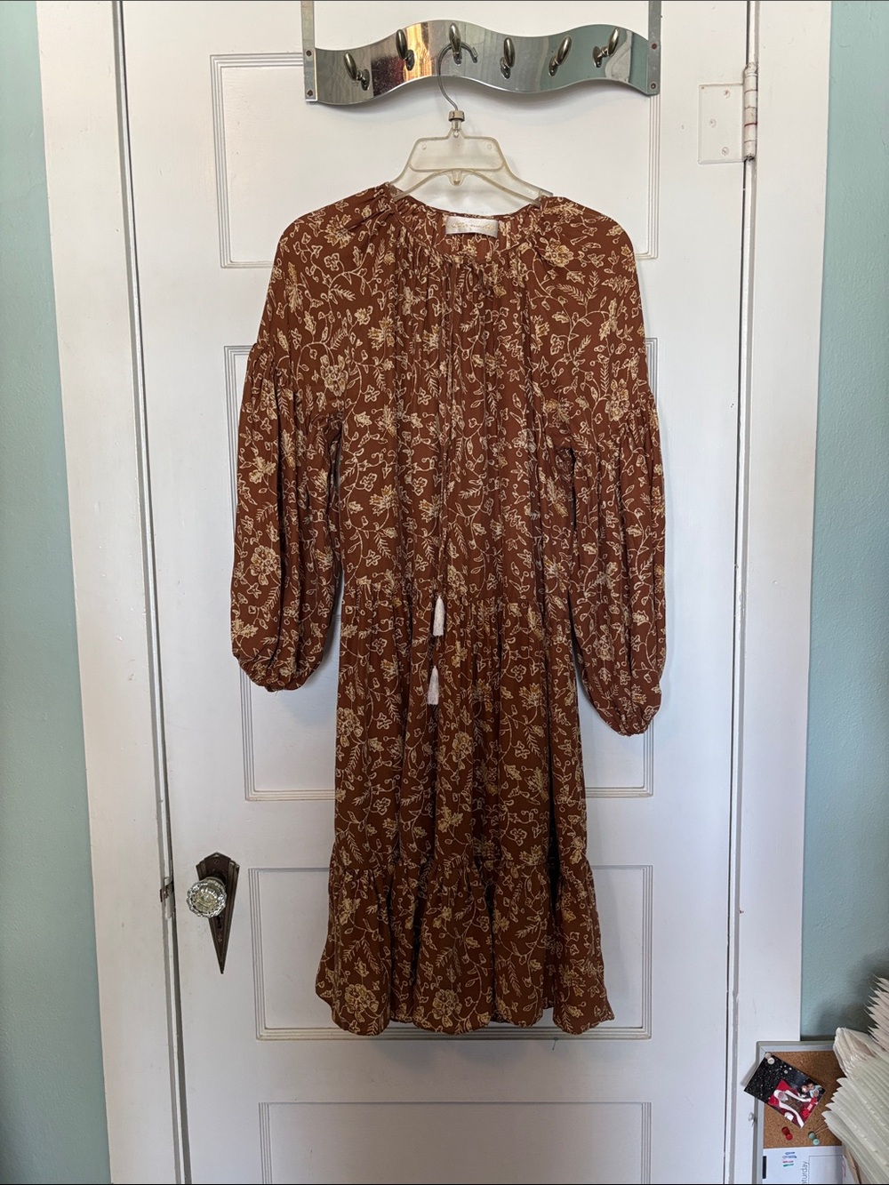 Natalie Martin Brown Floral Long Sleeve Tiered Silk Midi Dress Size S